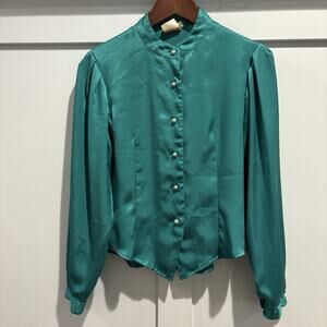 Vintage College Town Blouse Women Sz 9/10 Jade Green Retro 80s Made‎ In Japan